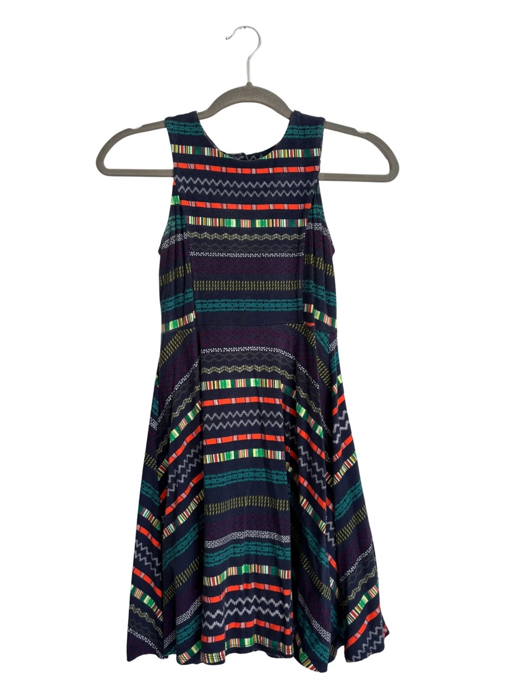Xhilaration Navy Patterned Circle Skater Dress with Multicolor Stripes